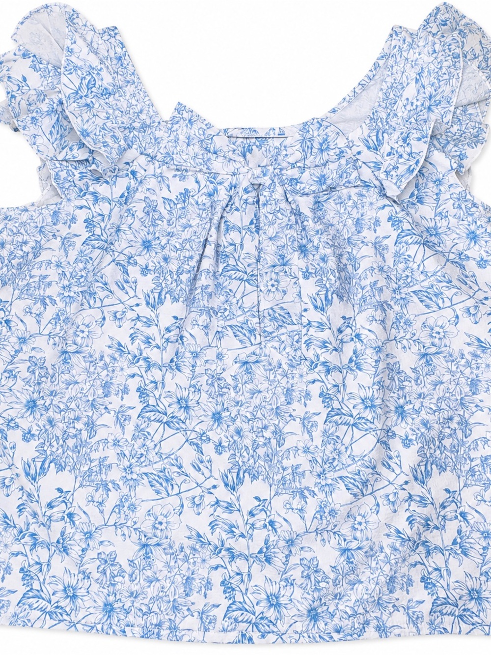 Women’s Blue White Floral Ruffle Sleeve Bow Top Size L – Cottagecore